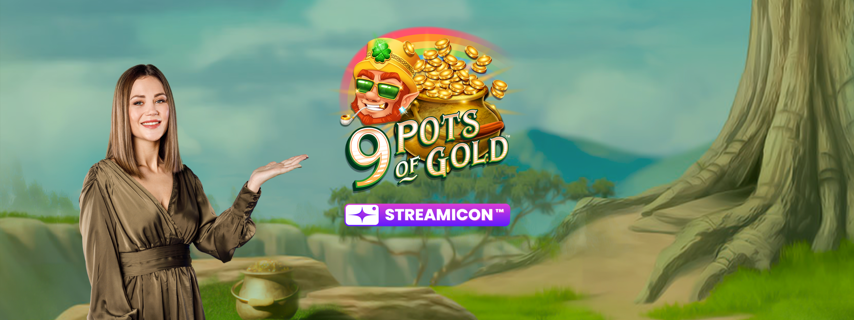 9 Pots of Gold banner with the logo in the centre against a leprauchan-themed background, the streamicon logo, and a female presenter.
