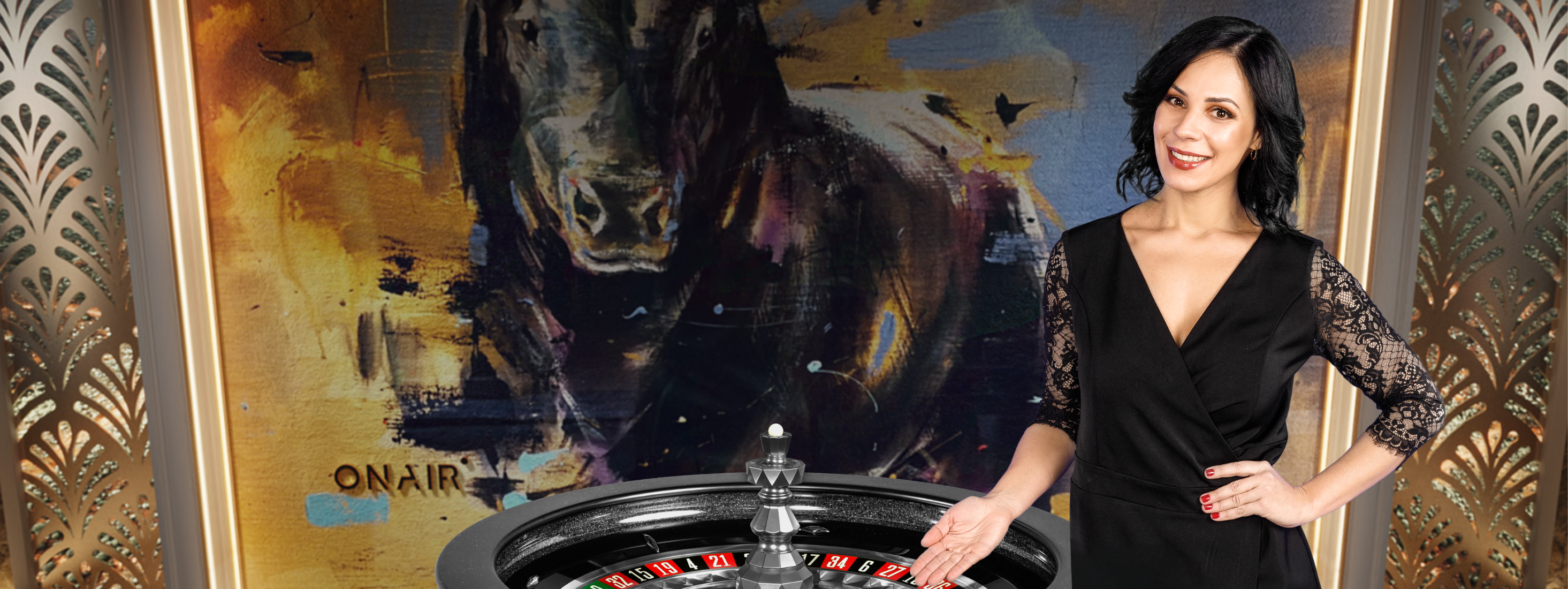 Female presenter near a roulette wheel in one of our studios in Spain.