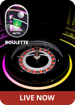 Roulette wheel with pink and yellow lights with the Auto Roulette logo on the top left, and 'Live Now' on the bottom.