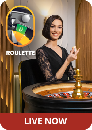 Female game presenter sitting behind roulette, with the Roulette logo on the left, and 'Live Now' on the bottom.