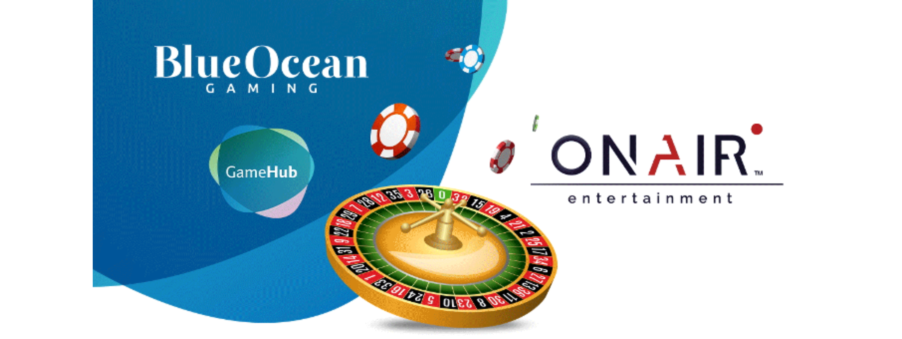 BlueOcean and OnAir Entertainment's logo displayed near each other, with a Roulette wheel and casino chips in between them to represent their partnership agreement.