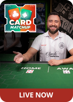 Excited male game presenter showing two cards in a game of Card Matchup, with the logo featured and 'Live Now'
