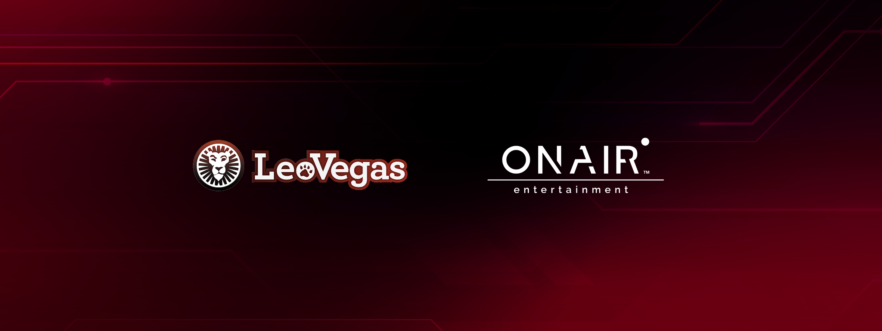 LeoVegas's and OnAir Entertainment's logos side-by-side against a dark red background to demonstrate their partnership agreement.