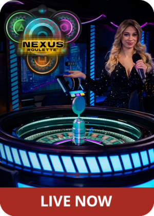Female presenter near a roulette wheel, with the Nexus Roulette logo and 'Live Now'
