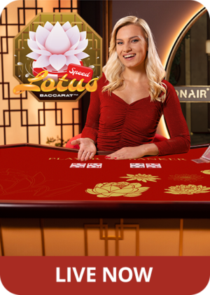 Female game presenter behind a game table presenting cards, featuring the logo of Lotus Speed Baccarat and 'Live Now'.