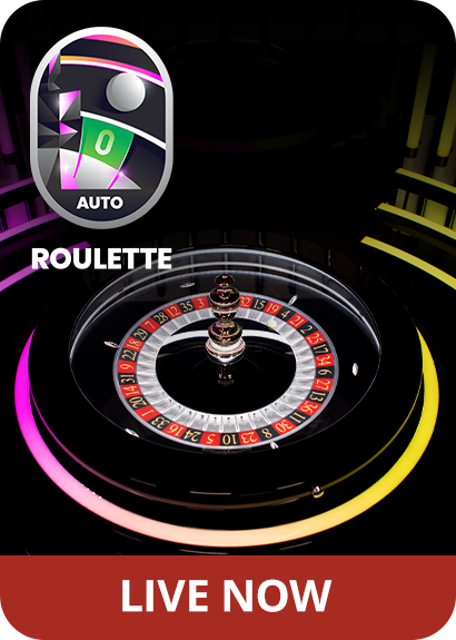 Photo of Roulette wheel with the Auto Roulette logo reading 'Live Now'.