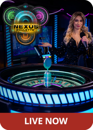 Game tile of Nexus Roulette featuring the game show's logo, a female presenter by a Roulette wheel, reading 'Live Now'.