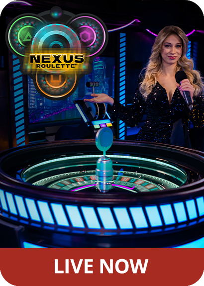 Game tile of Nexus Roulette featuring the game show's logo, a female presenter by a Roulette wheel, reading 'Live Now'.
