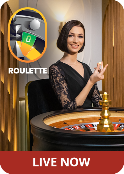 Female game presenter behind Roulette Wheel near Roulette logo reading 'Live Now'.