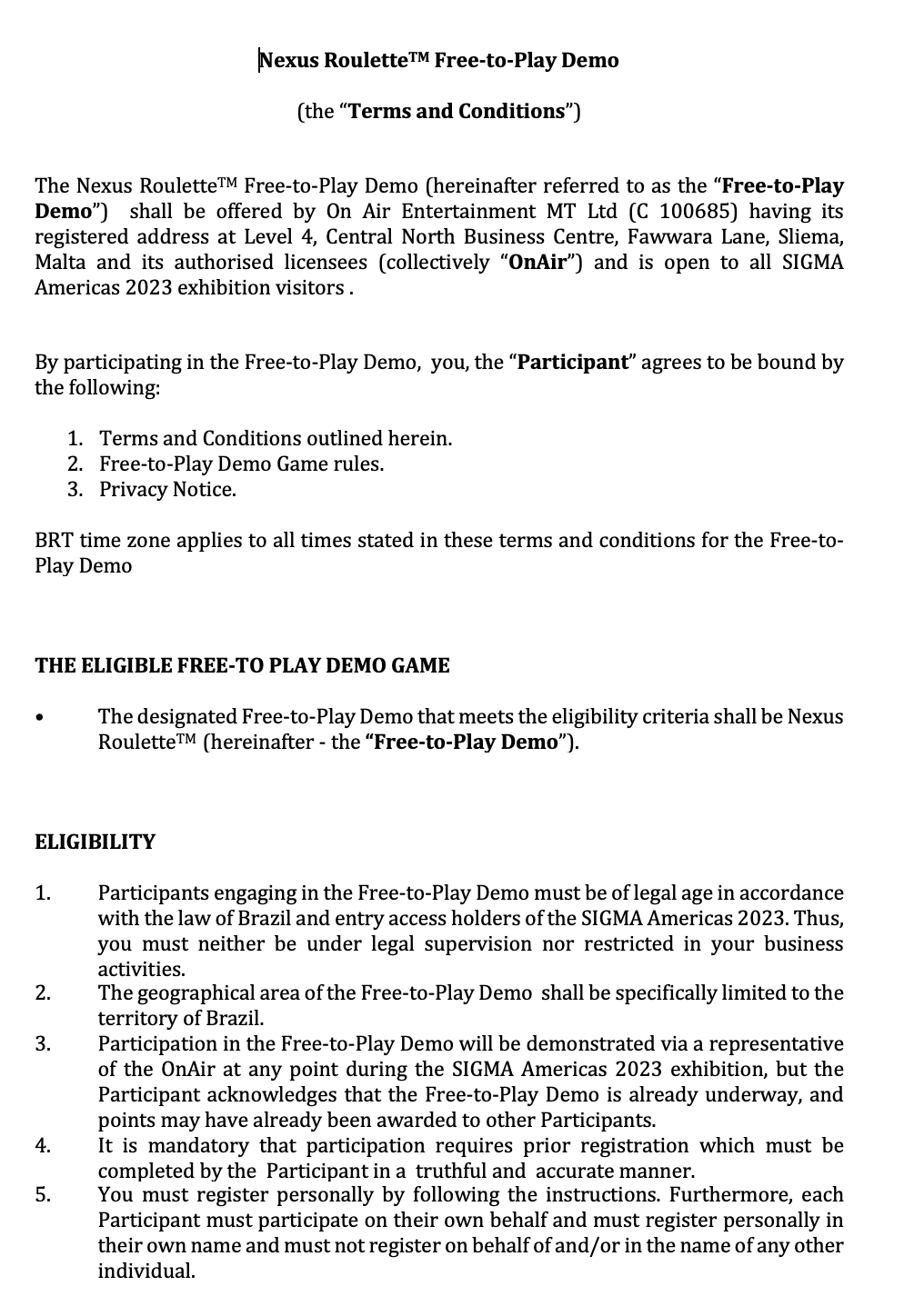 Screenshot of the terms and conditions of Nexus Roulette's free-to-play demo.