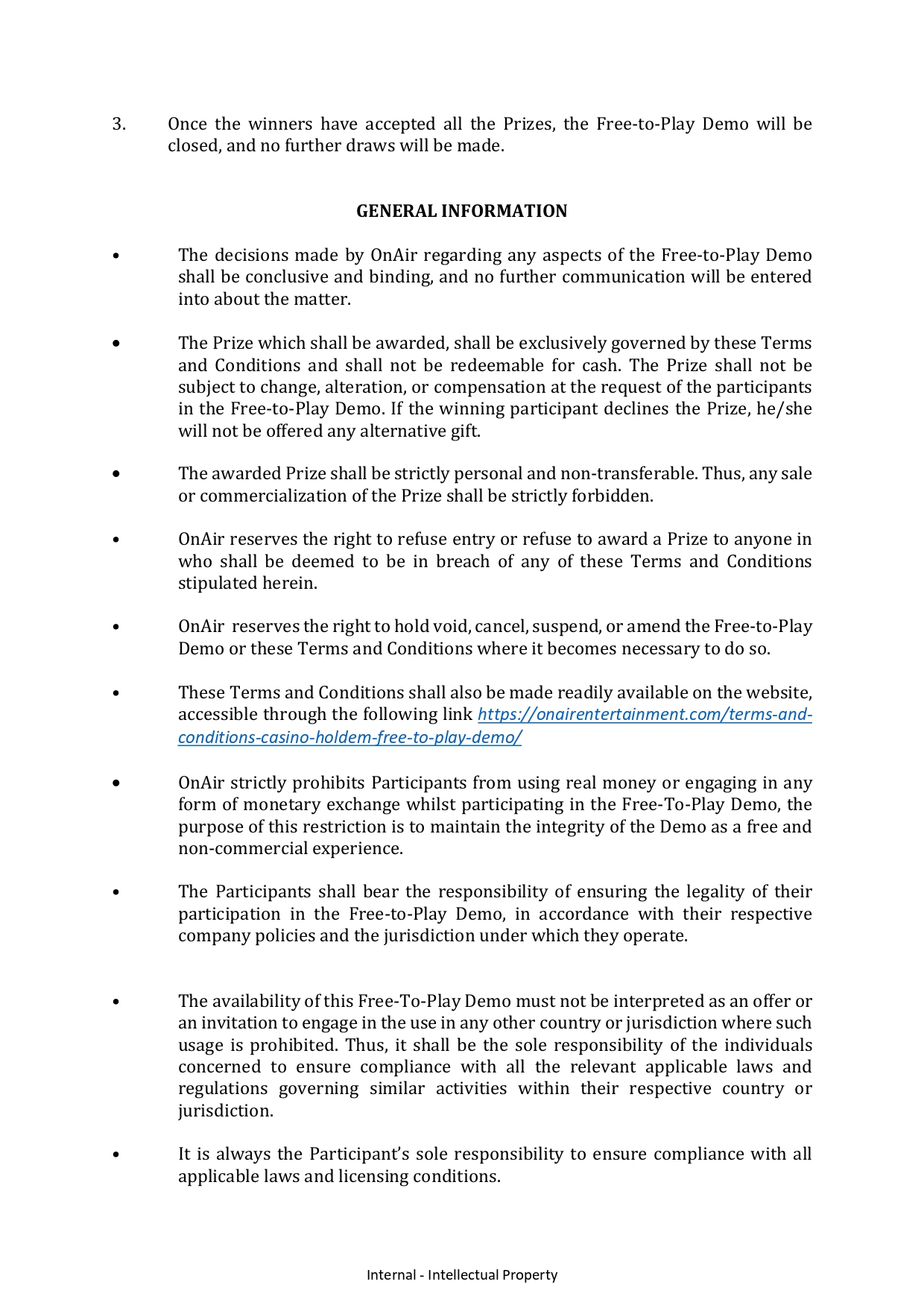 Screenshot of the terms and conditions of an OnAir tournament, held in SBC Barcelona, 2023.
