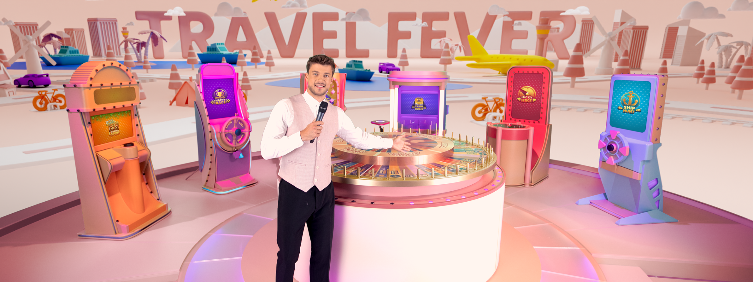 Screenshot of Travel Fever gameplay, featuring male presenter.