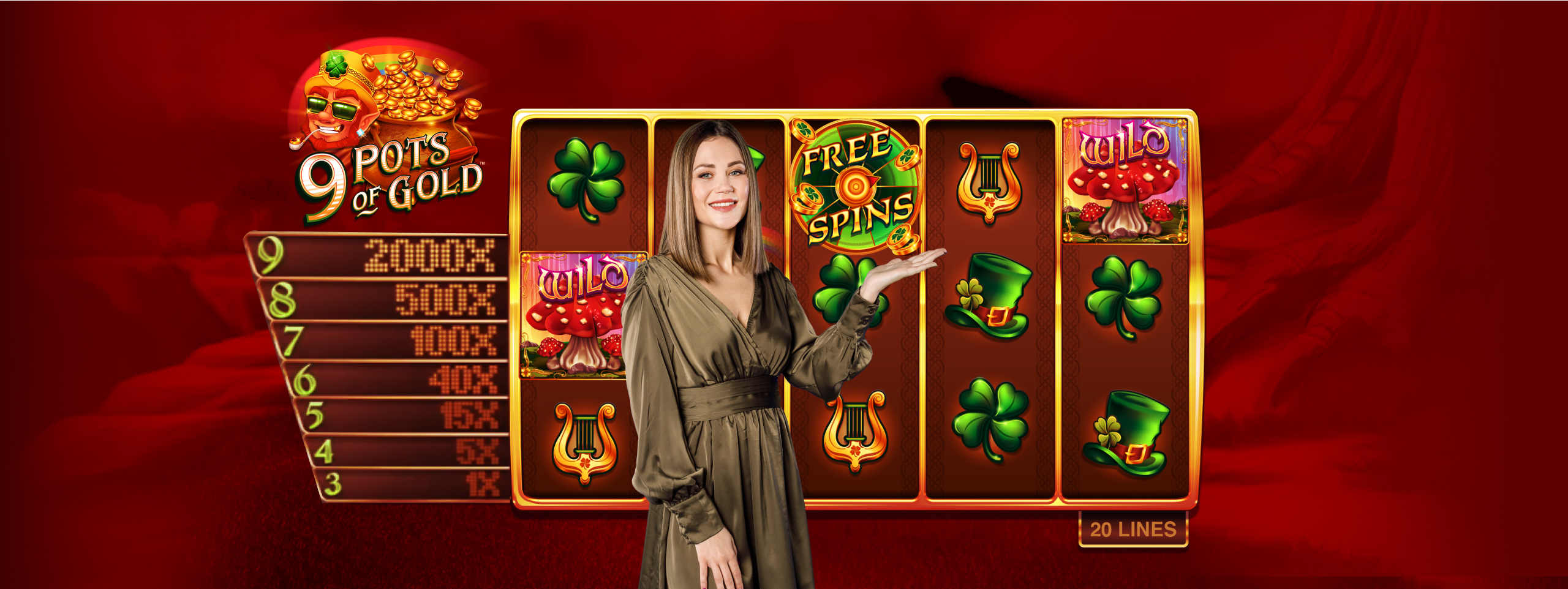Game presenter in front of 9 Pots of Gold Slots.