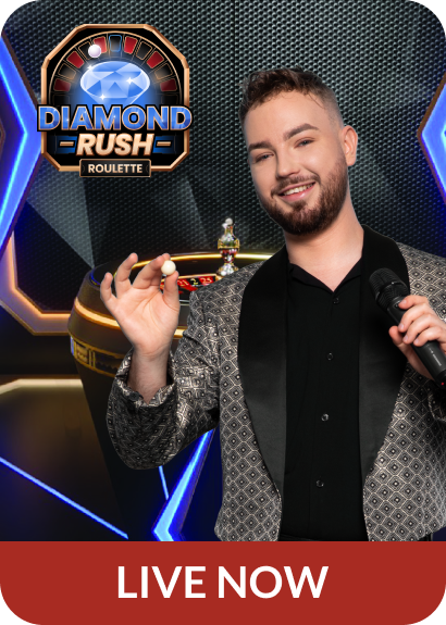 Male presenter holding up a poker chip, with the Diamond Rush Roulette logo on the top left, and 'Live Now' on the bottom.